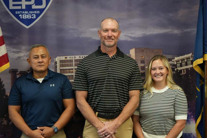 3 new resource officers for Evansville Catholic Diocese schools, from left: Retired Evansville Police Officer Wayne Hunt, Retired EPD Officer Chad Deidrich, and former Vanderburgh County Sheriff's Deputy Jackie Juncker