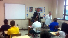 Superintendent Ballard visits with students at Rogers High School on the 1st day of school