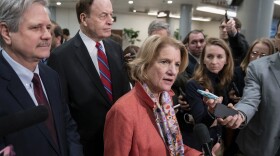 From left, Sen. John Hoeven, R-N.D., Sen. Richard Shelby, R-Ala., and Sen. Shelley Moore Capito, R-W.Va., speak with reporters after a briefing with officials about the US-Mexico border, on Capitol Hill in Washington, Wednesday, Feb. 6, 2019.