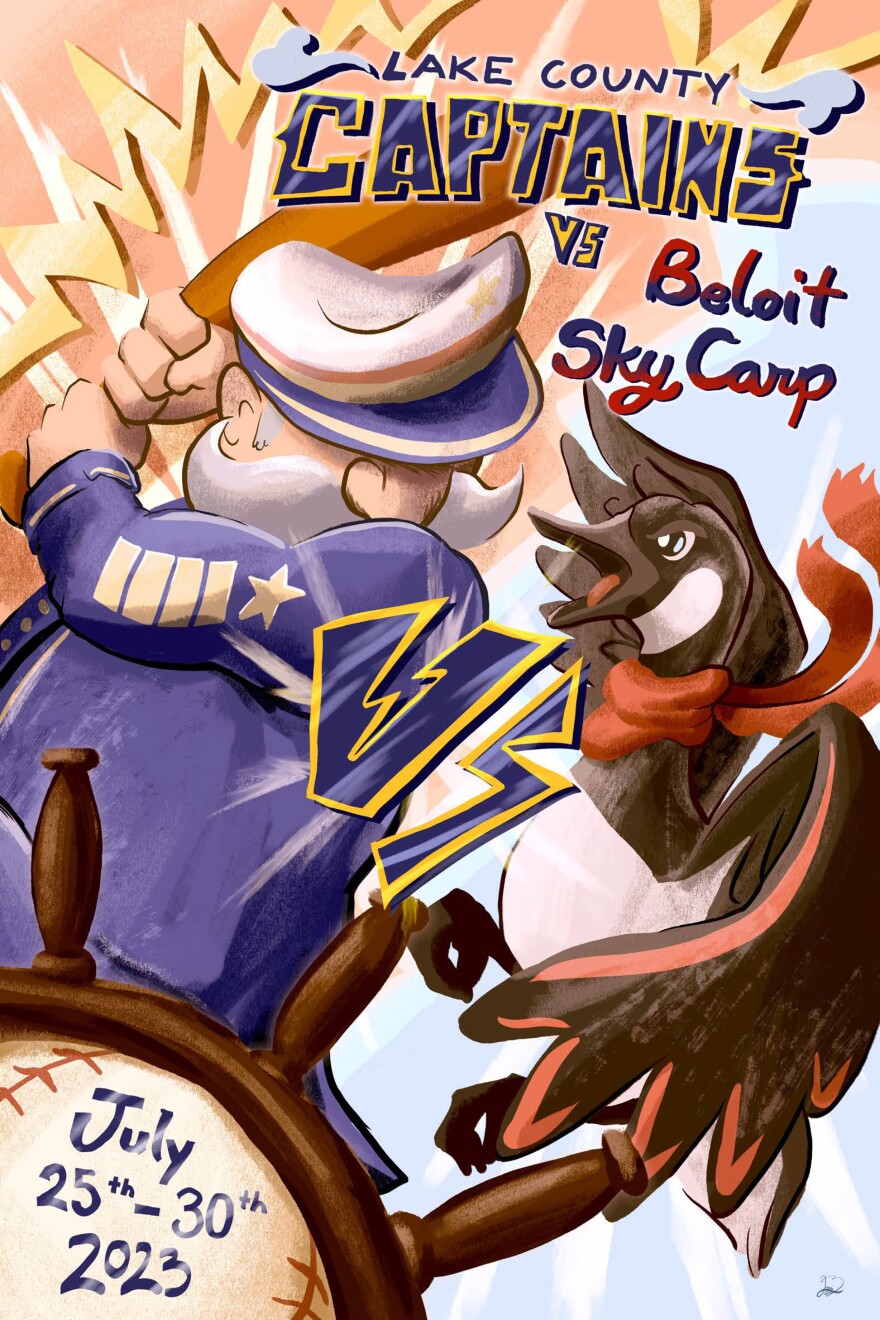 Colorful poster of Lake County Captain battling with Beloit Sky Carp