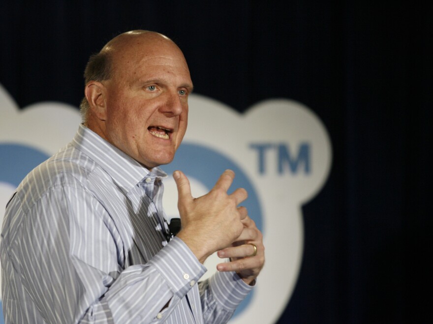 Microsoft CEO Steve Ballmer announces Microsoft's purchase of Skype in 2011, in San Francisco.