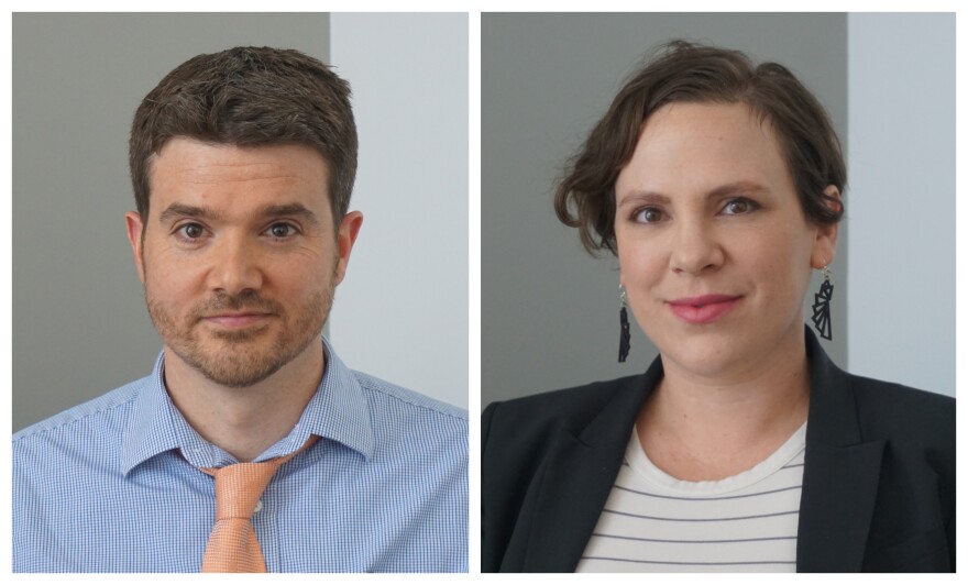 Nicholas Phillips (at left) of Missouri Lawyers Weekly and Amy Breihan, director of the MacArthur Justice Center.