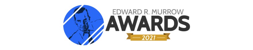 Edward R. Murrow Awards 2021 logo. Illustration of a man wearing a collared shirt and tie.