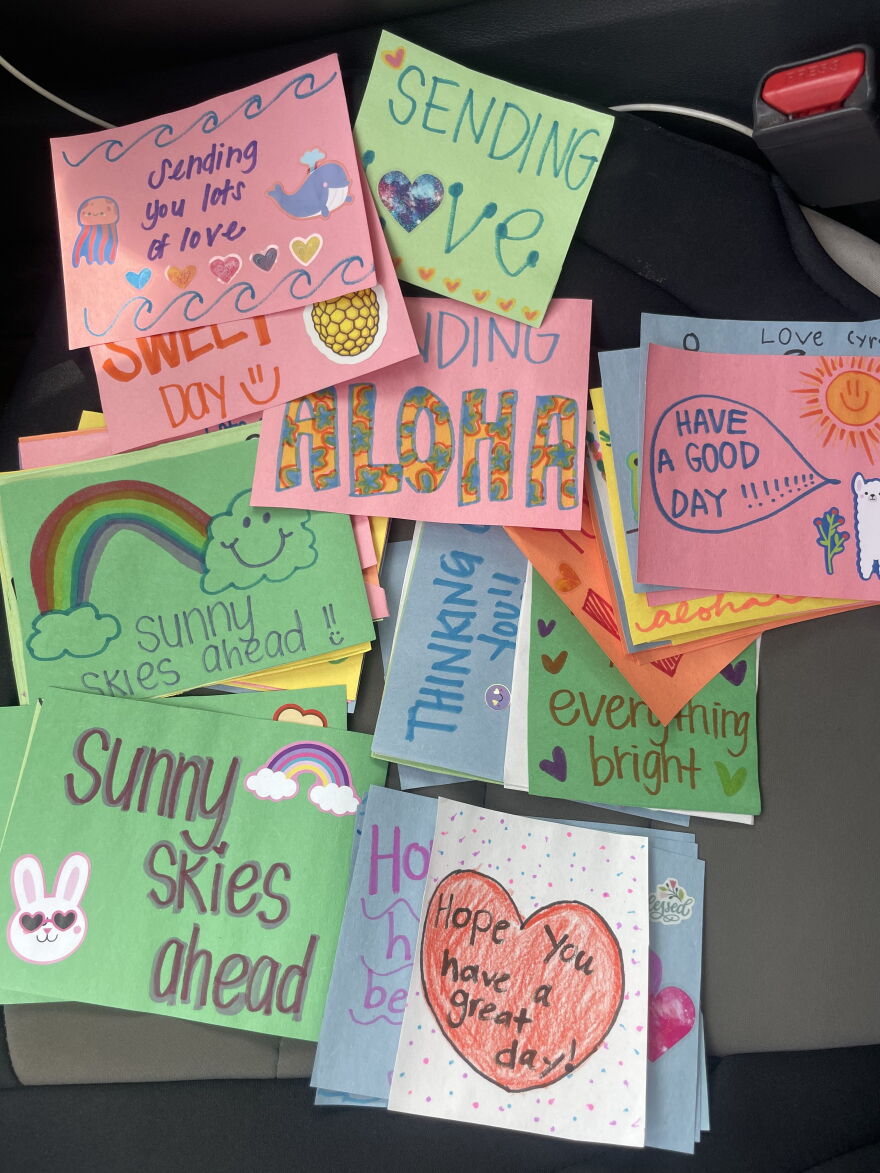 Some of the handwritten cards made by Damian's nieces and nephews that were given out to kūpuna with their daily hot meals.