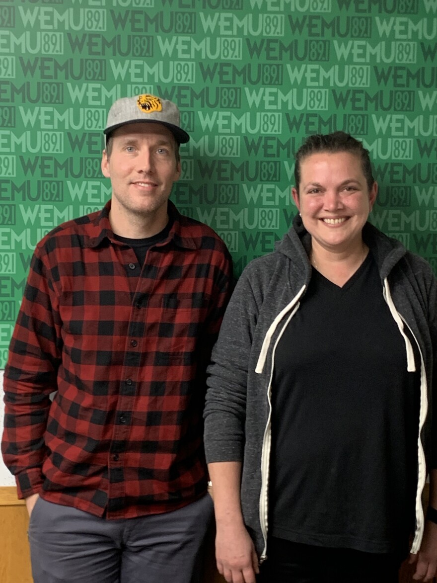 People's Food Co-op Community Outreach and Communications Director Troy Clarke (left) and People's Food Co-op General Manager Angie Voiles at the WEMU studio.