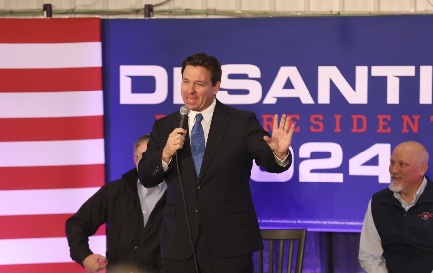 Republican presidential candidate Florida Gov. Ron DeSantis speaks at a rally on Tuesday in Greenville, S.C. DeSantis stopped in South Carolina first, after his second place finish in the Iowa caucuses, before heading on to New Hampshire.