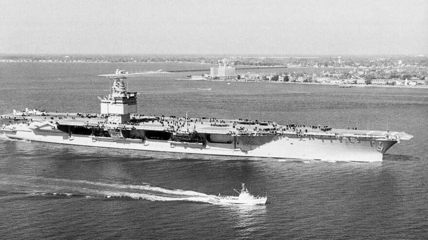 The USS Enterprise, the world's first nuclear-powered aircraft carrier, travels for performance trials in Norfolk, Va., in 1961.