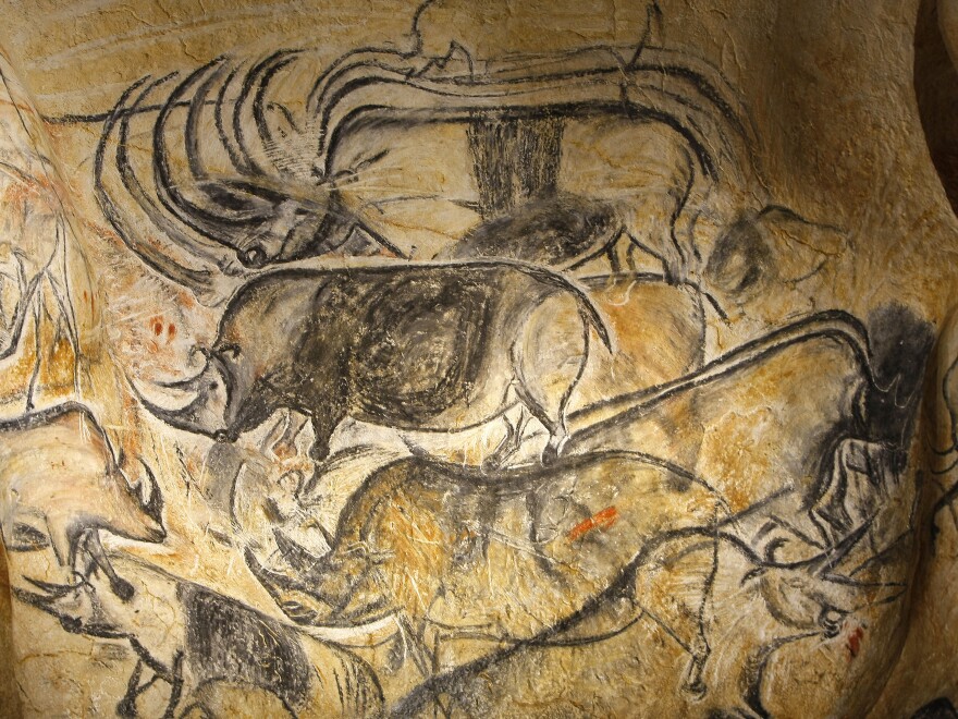 Drawings of animal figures are seen in the life-size replica of Grotte Chauvet in Vallon Pont d'Arc in southern France last March.