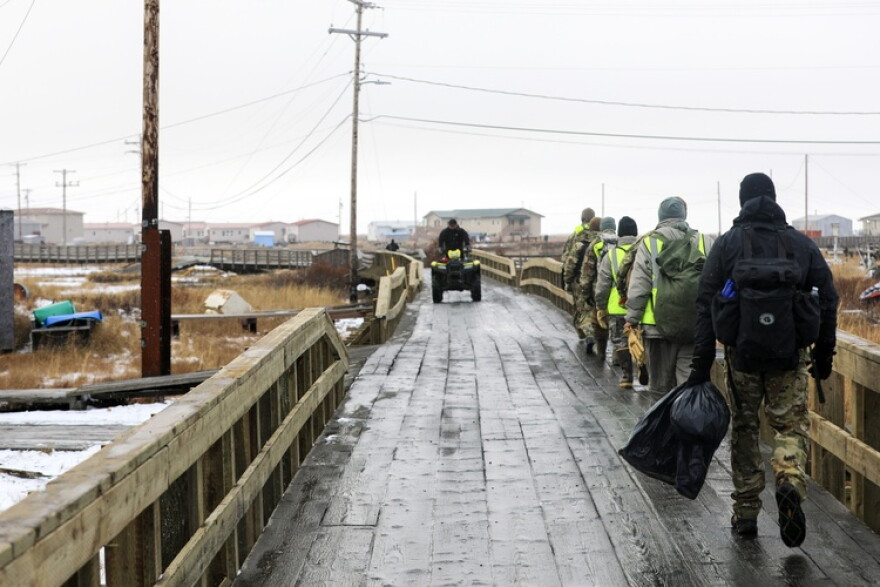 Alaska Organized Militia members, assigned to Task Force Bethel arrive at Tuntutuliak, Alaska for post-storm clean-up efforts during Operation Halong Response. Oct. 25, 2025.