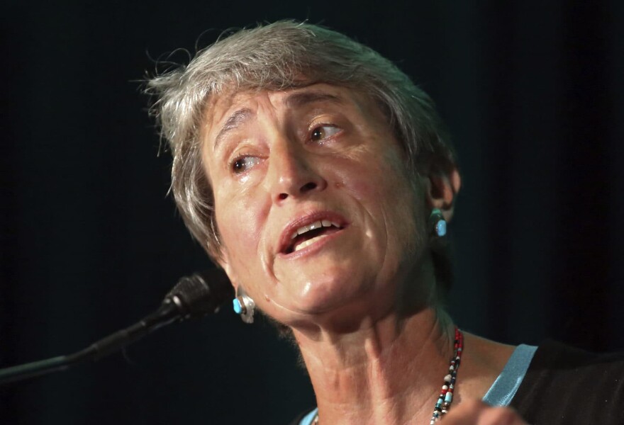 Former Interior Secretary Sally Jewell speaks during the Outdoor Retailer show July 26, 2017, in Salt Lake City. (Rick Bowmer/AP)