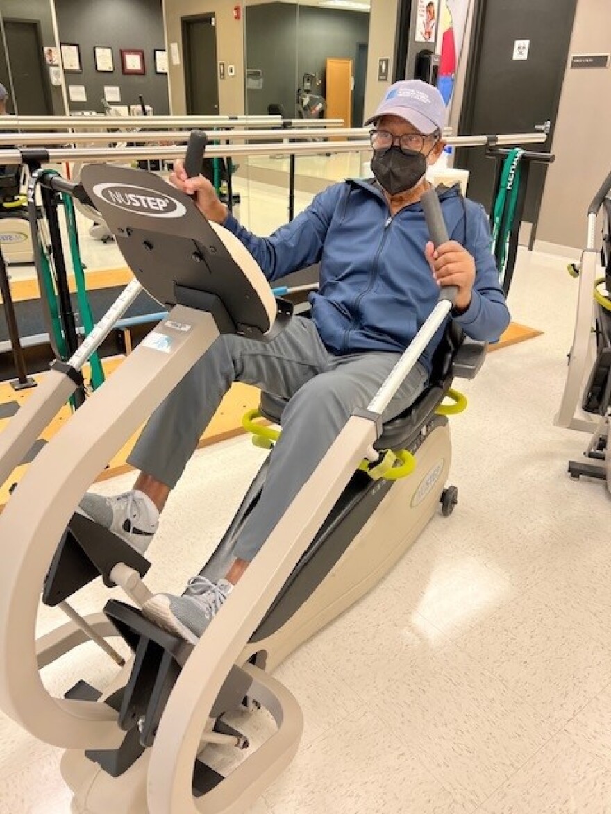 P.G. Peeples,Sr. and Physical Therapist Melissa Wilson at Baptist Health in Jessamine County