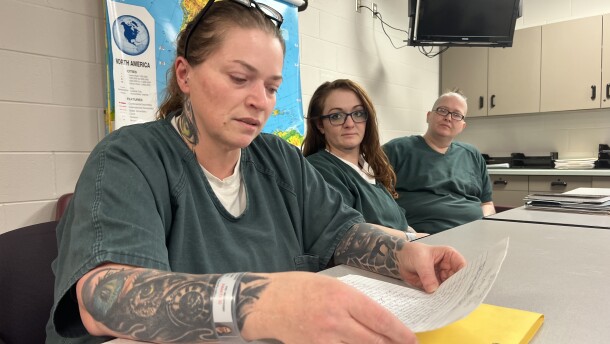 Cassie Oliveira reads from an autobiographical essay she wrote for a memoir class at the Barnstable County Correctional Facility, Jan. 8, 2026.