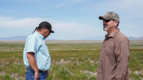 Ken Sandusky and Brian Herbert stand on land that is part of the Modoc Nation of Oklahoma's Homelands Program in Siskiyou County on April 30, 2026.