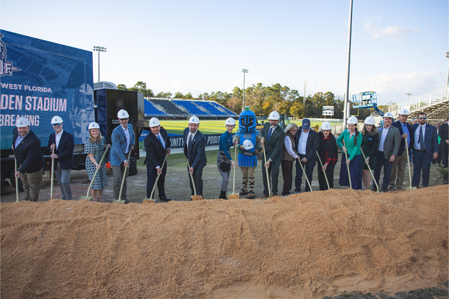 The University of West Florida officially broke ground on the Darrell Gooden Stadium on Feb. 11. The multi-use facility expands seating capacity from approximately 3,800 to 7,500, and includes premium seating, club areas and suites.