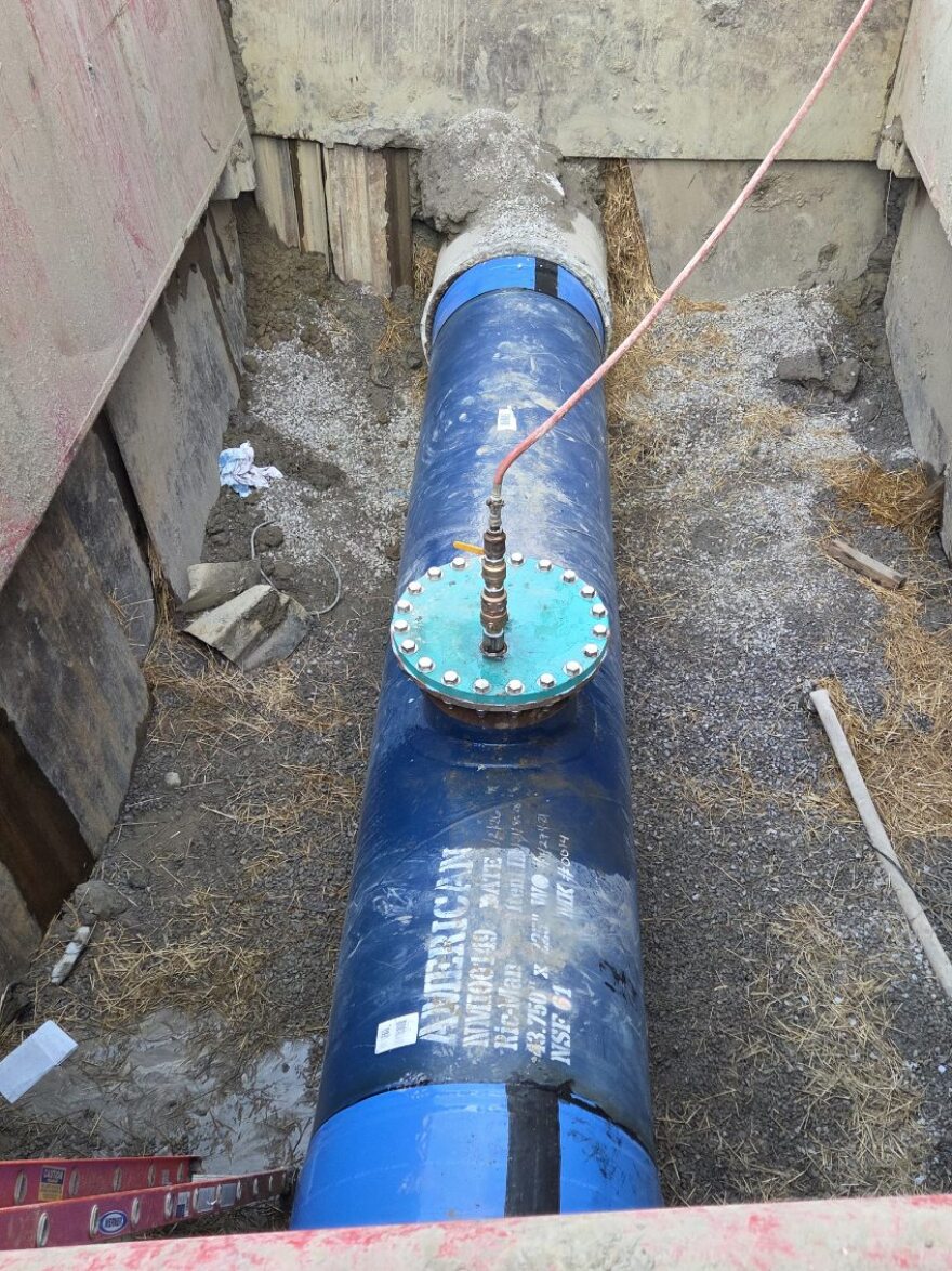 A new section of 42-inch water main replaces a broken section in the Great Lakes Water Authority's system in Auburn Hills on May 12, 2026.