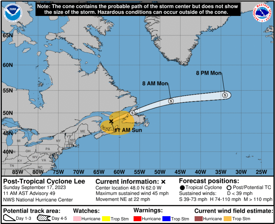 Hurricane Lee is expected to speed up its forward motion and dissipate in the next couple of days, forecasters said Sunday.