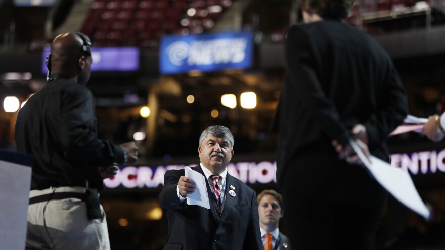 Richard Trumka, president of the AFL-CIO, stands on stage during a walk-through, as he prepares to appear during the 2016 Democratic National Convention in Philadelphia, Ps., on July 25, 2016.