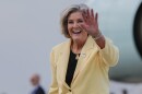 White House Chief of Staff Susie Wiles waves after disembarking Air Force One, Wednesday, June 25, 2025, at Joint Base Andrews, Md. (AP Photo/Julia Demaree Nikhinson)