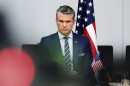 United States Defense Secretary Pete Hegseth addresses a meeting of the Ukraine Defense Contact Group at NATO headquarters in Brussels, Wednesday, Oct. 15, 2025 