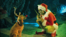 The Grinch, played by Jim Carrey, conspires with his dog Max to deprive the Whos of their favorite holiday in the live-action adaptation "Dr. Seuss' How The Grinch Stole Christmas." (Getty Images)