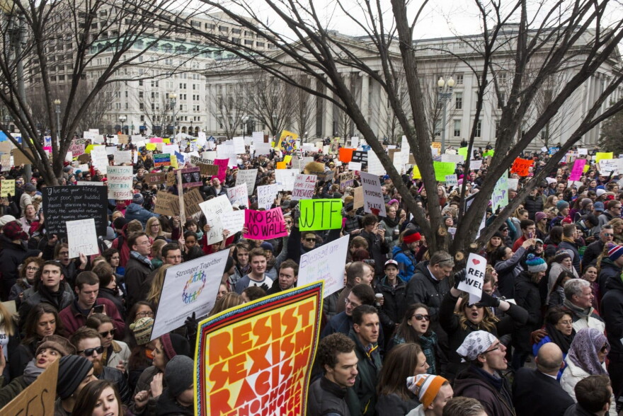 Demonstrators gather near The White House to protest President Donald Trump's travel ban on seven Muslim countries on Jan. 29, 2017 in Washington. (Zach Gibson/Getty Images)