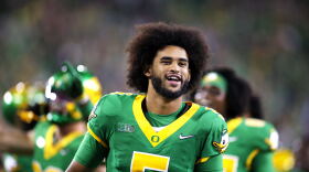 Oregon quarterback Dante Moore (5) dances to "Shout" during the second half of an NCAA college football game against Portland State, Friday, Sept. 18, 2026, in Eugene, Ore.