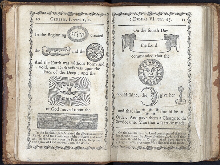 A page from <em>A Curious Hieroglyphick Bible</em> from 1788. Hieroglyphic Bibles were used to help children remember Bible passages.<em> </em>