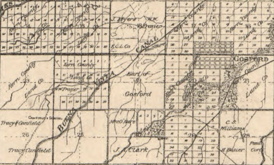 Land held by the Earl of Gosford is shown on this map of the Kern River Delta, dated January 1896 by the Kern County Land Company.