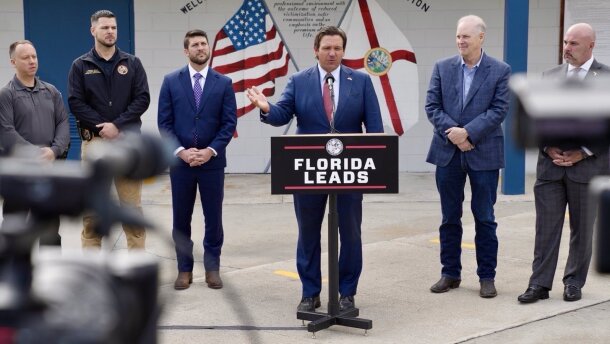 Gov. Ron DeSantis speaking at a press conference at an immigrant detention facility in Sanderson called Deportation Depot on Monday, Jan. 5, 2026.
