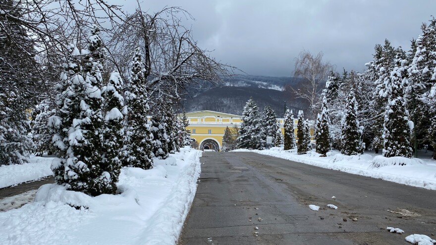 A golden arch marks the entrance to Nu Boyana Film Studios, nestled into the side of Vitosha Mountain in Sofia.