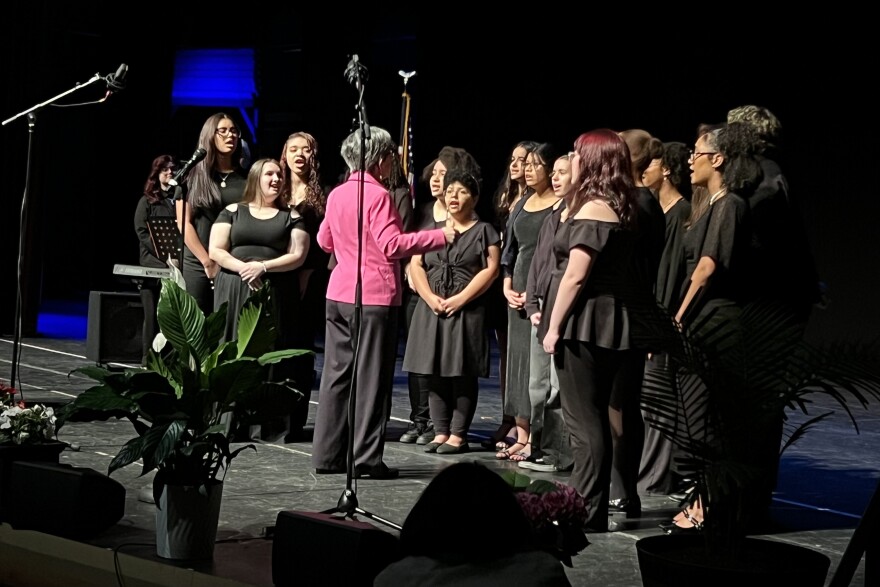 A select choir from New Bedford High School sings at the Zeiterion theater during the opening of Mayor Jon Mitchell's annual State of the City address, April 8, 2026.