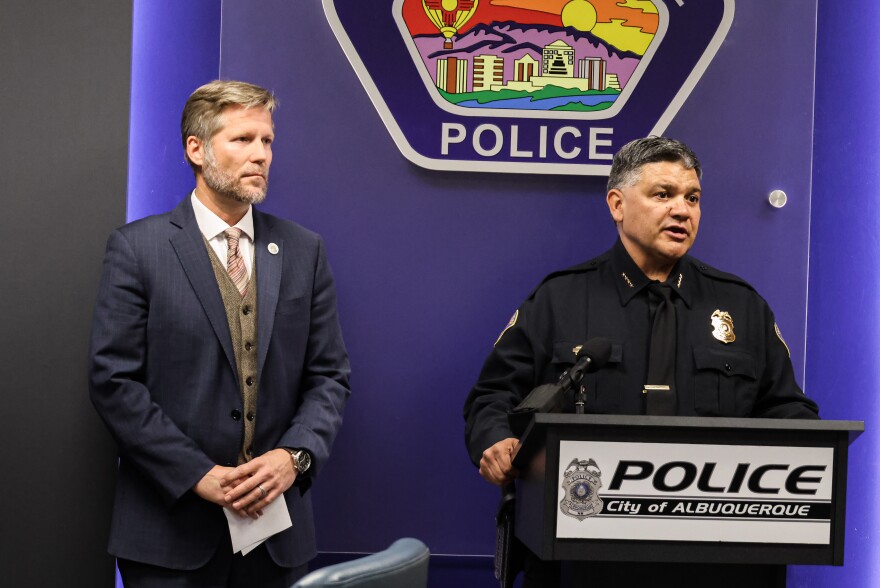 Albuquerque Mayor Tim Keller (left) and Albuquerque Police Chief Harold Medina (right) discuss the recent string to gunfire directed toward the homes and offices of local elected officials