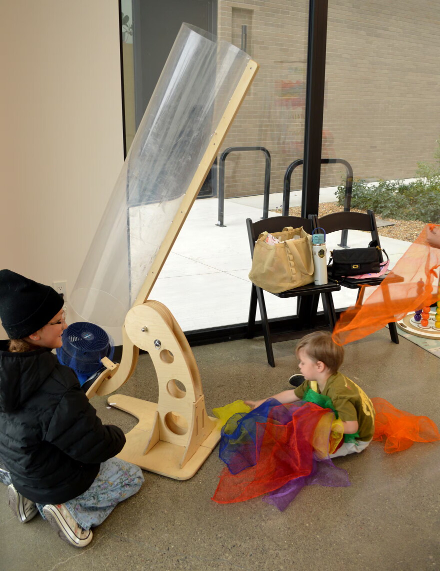 Lennon Arzner, 10, and Graham Segal, 3, play with the wind tunnel at the Central Oregon Children’s Museum pop-up event in Bend on Oct. 11, 2026.