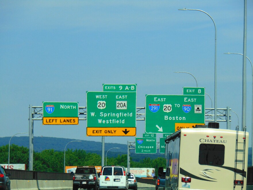 An array of signs on I-91 in Springfield. 