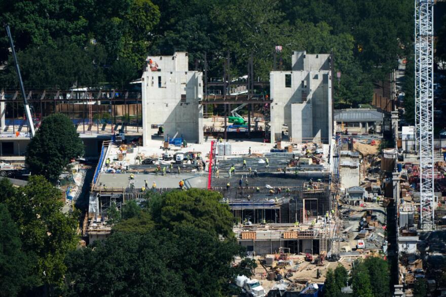 Workers continue construction on the new White House ballroom, as seen from the Washington Monument, Wednesday, Aug. 19, 2026, in Washington. (Alex Brandon/AP)