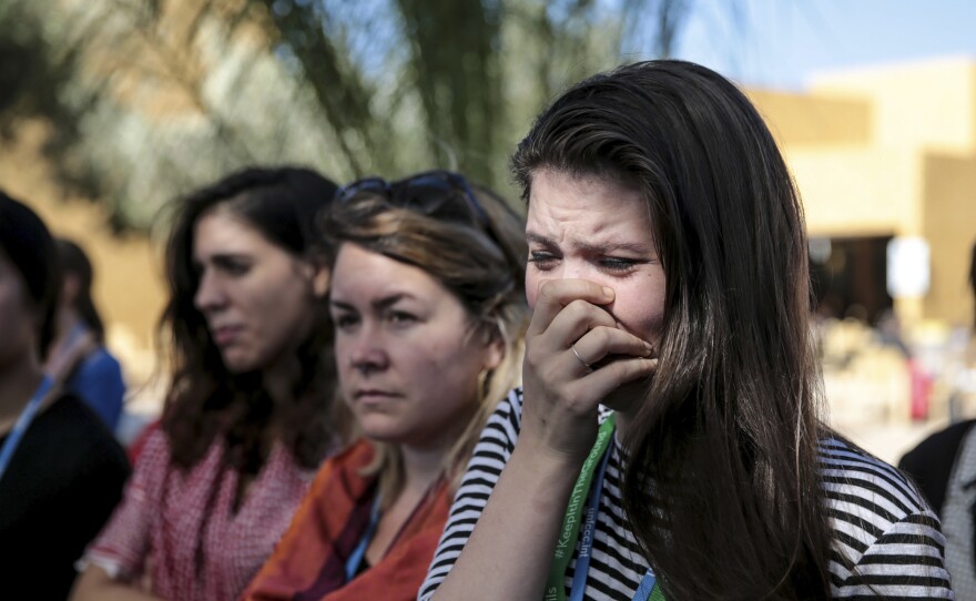 Environmental activist Bethany Hindmarsh, 26, cries during a protest against President-elect Donald Trump at the Marrakech climate conference on Nov. 9.