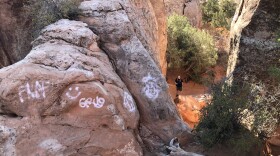 Moab resident and retired NPS ranger Allyson Mathis spotted spraypainted graffiti in the Devil’s Garden area of Arches National Park on November 5, 2025.