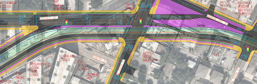 An engineering drawing showing how Nueces would be converted to a two-way street aligned with Guadalupe