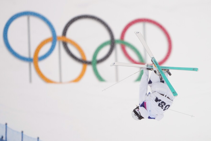 United States' Jaelin Kauf competes in the women's freestyle skiing dual moguls finals at the 2026 Winter Olympics, in Livigno, Italy, Saturday, Feb. 14, 2026.