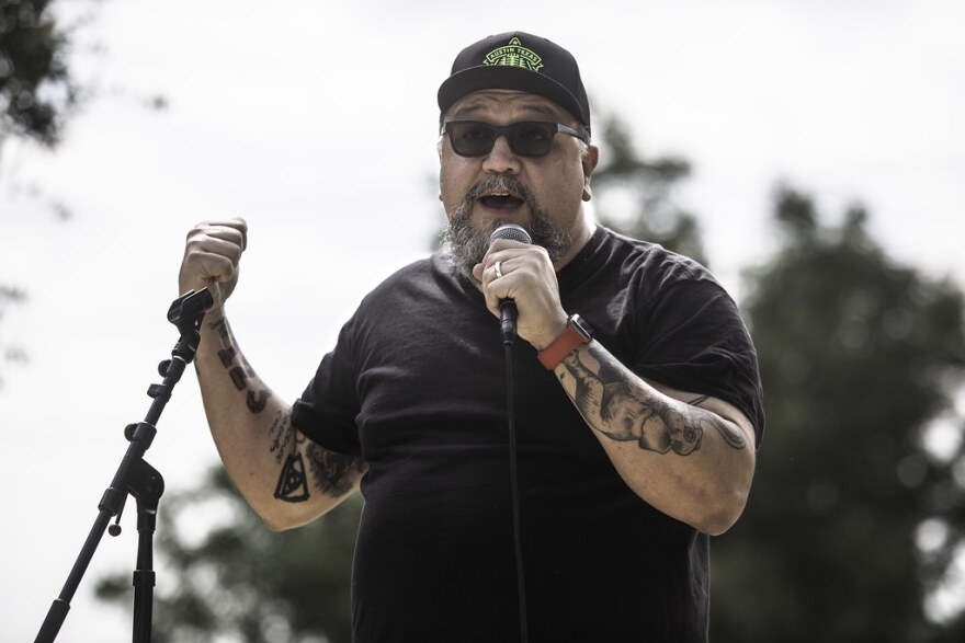 Nakia Reynoso, Founder and President of advocacy group and nonprofit Austin Texas Musicians, speaks at a SAVES rally in September.