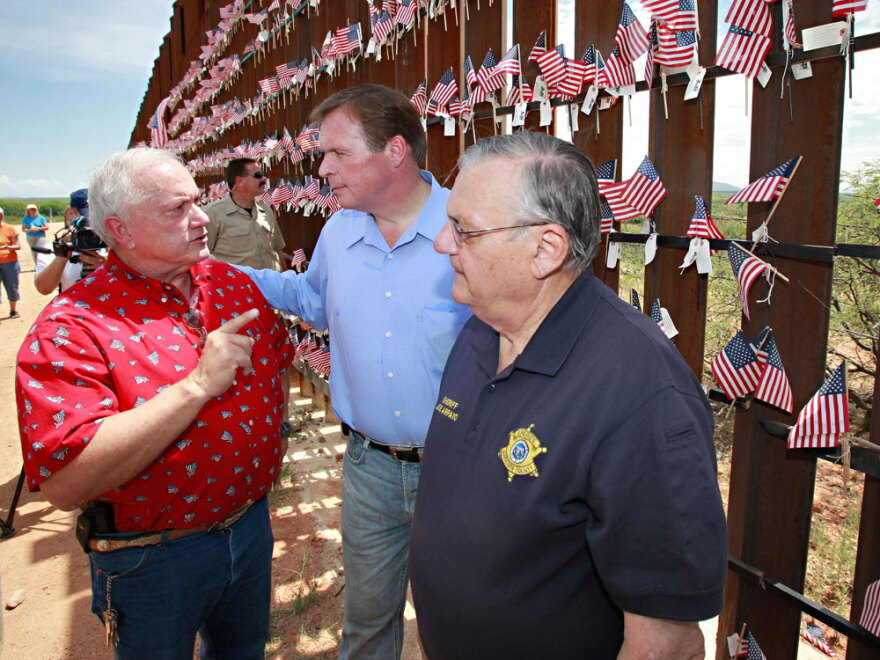 J.D. Hayworth (center) with state Sen. Russell Pearce and Maricopa County Sheriff Joe Arpaio, at the U.S.-Mexico border.