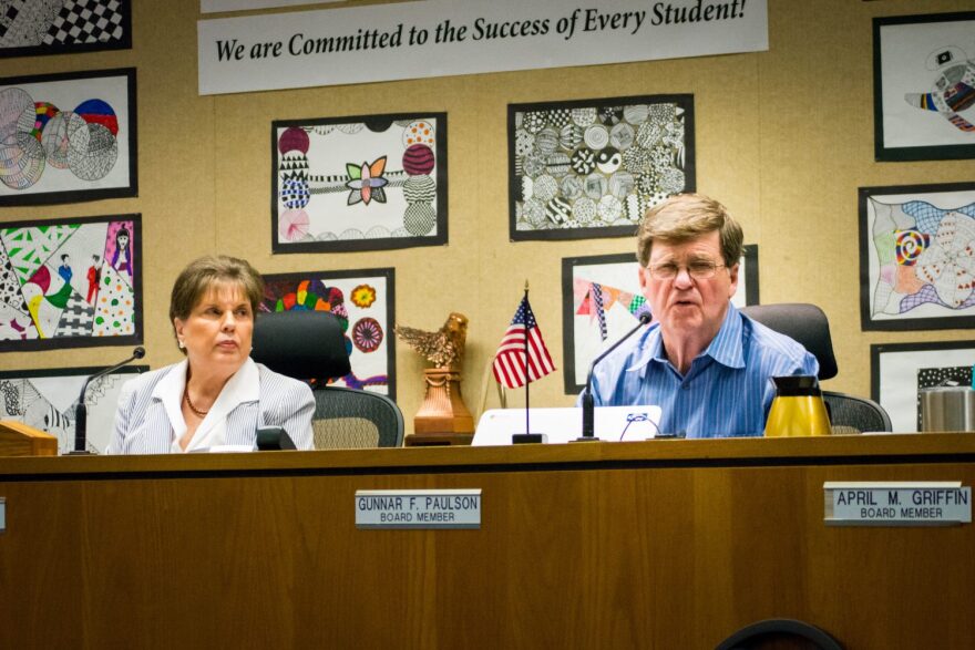 School Board of Alachua County member Gunnar Paulson urges residents to call Senator Rob Bradley and vote no to Senate Bill 524 at SBAC's Tuesday night meeting. The bill is expected to be heard today. (Crensonia Hsieh/WUFT News)