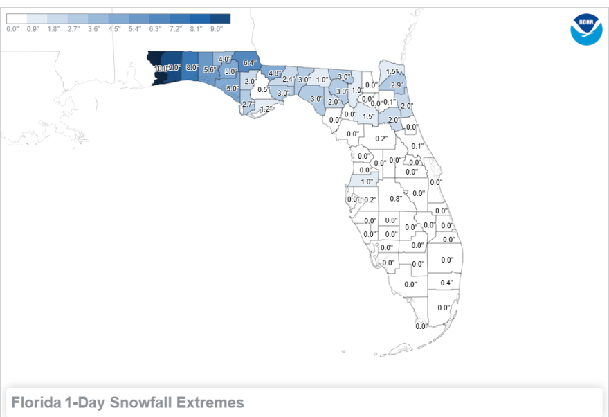 Greatest one-day snowfalls across Florida.