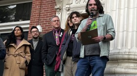 A file photo of former United Academics of UO president Mike Urbancic, right, speaking at an event on camputs, March 4, 2025.