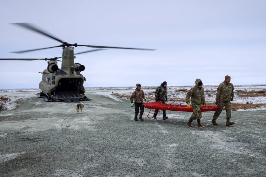 U.S. Army National Guard CH-47 Chinook aviators, assigned to the 207th Aviation Troop Command, Alaska Army National Guard, transport Alaska Organized Militia members and supplies to Kwigillingok, Alaska, Nov. 6, 2025, while supporting Operation Halong Response efforts.