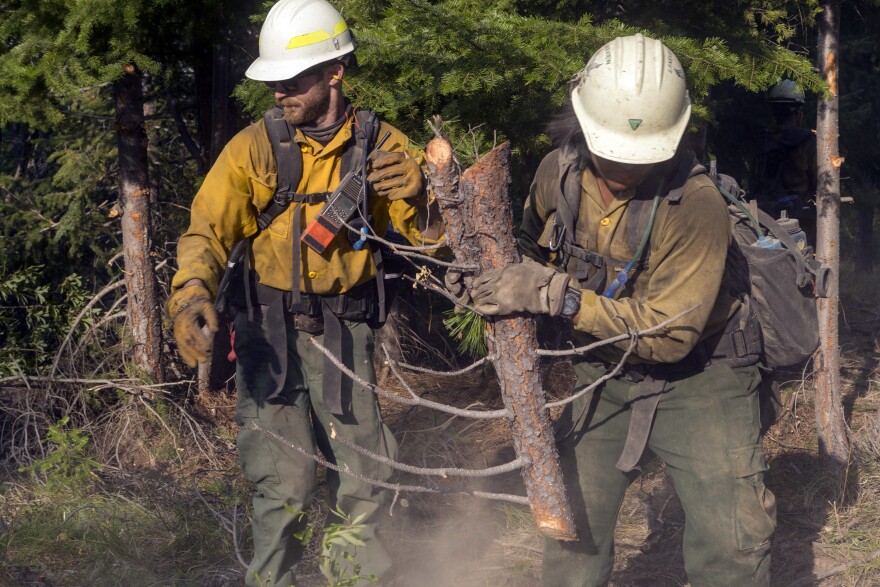 Two men in yellow jackets and white hats remove branches while fighting fire in central Washington.