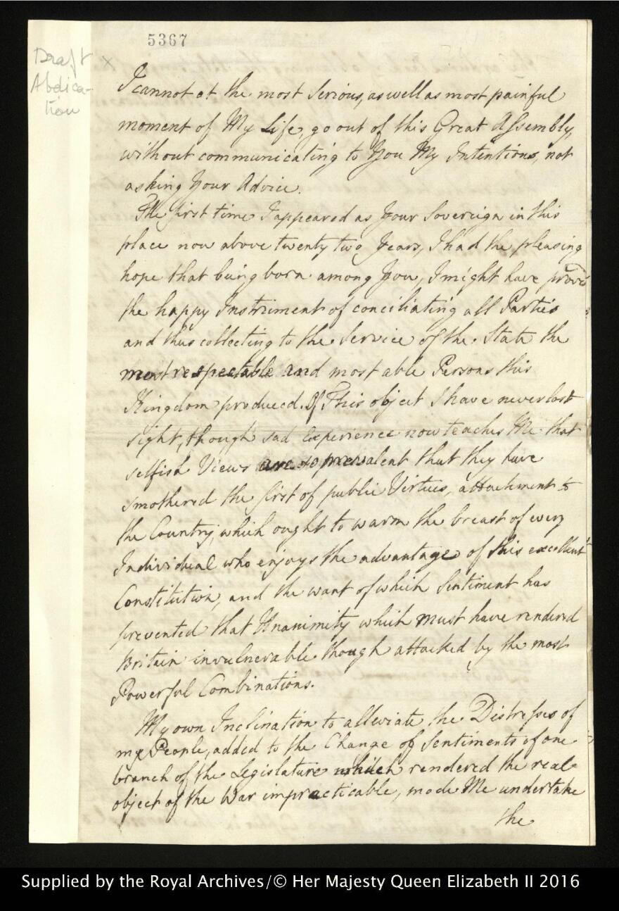 A page from the draft of George's would-be abdication letter, which he wrote in 1783 but never sent.