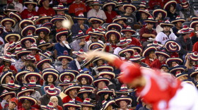 ANAHEIM, CA - MAY 05: Angels fans take part in a Cinco de Mayo promotion by wearing giveaway sombreros and setting a Guinness World record for "largest gathering of people wearing sombreros" duing the fifth inning of the game between the Seattle Mariners and the Los Angeles Angels of Anaheim at Angel Stadium of Anaheim on May 5, 2015 in Anaheim, California.