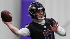 FILE - Baltimore Ravens quarterback Diego Pavia (17) works out during the team's NFL football practice, May 27, 2026, at the Under Armour Performance Center in Owings Mills, Md. (AP Photo/Stephanie Scarbrough, File)
