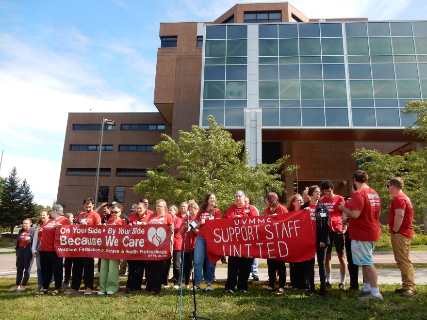 Members of the Vermont Federation of Nurses and Health Professionals protest layoffs at the University of Vermont Health Network